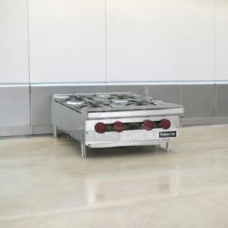 Brand new Therma-Tek TCHP24-4L countertop 4-burner hotplate, natural gas, fully tested, stainless steel, red knobs.
