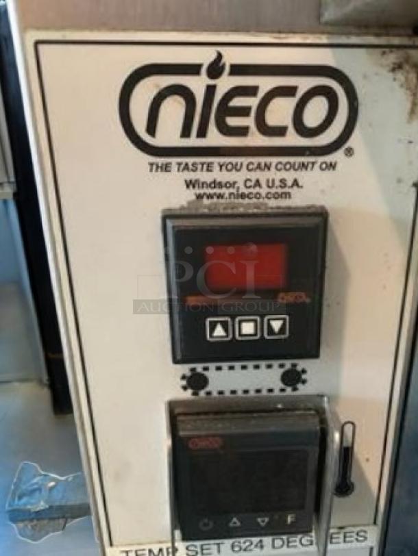 Nieco conveyor broiler with digital temperature control, excellent condition, 120V, max temp 624°F, fully tested.