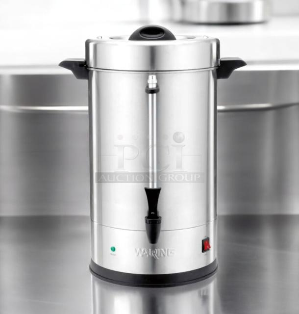 Waring Commercial WCU110 Coffee Urn, stainless steel, excellent condition, 120V, 1440W, fully tested, features visible switch.