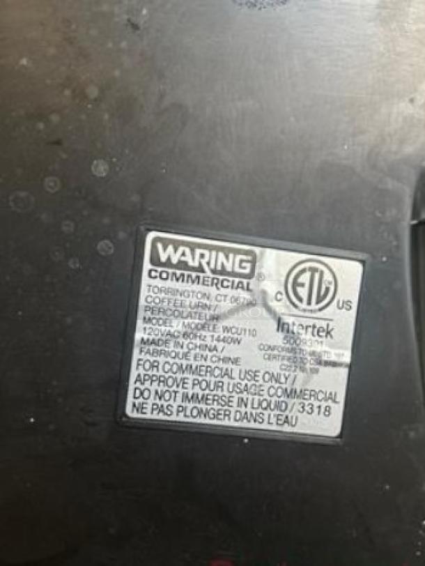 Waring Commercial WCU110 Coffee Urn label, showing model number, 120V, 1440W specifications. In excellent condition, fully tested.