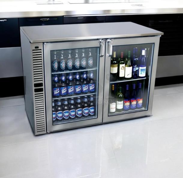 Glastender commercial back bar cooler with double glass doors, excellent condition, fully tested, 115V AC.
