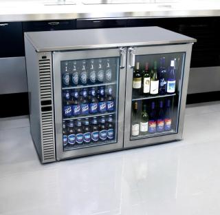 Glastender commercial back bar cooler with double glass doors, excellent condition, fully tested, 115V AC.
