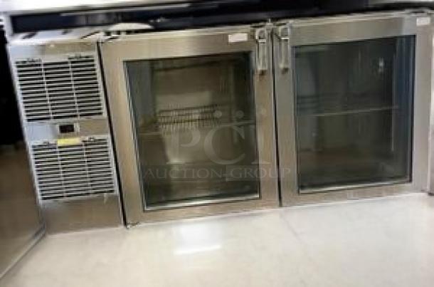 Glastender Back Bar Cooler, double glass doors, stainless steel, excellent condition. Fully tested, 115V AC, commercial use.