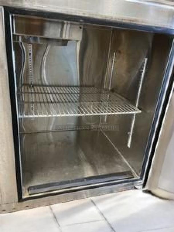 Glastender Back Bar Cooler, excellent condition, double glass door, 115V AC, fully tested; stainless steel interior with adjustable shelves.