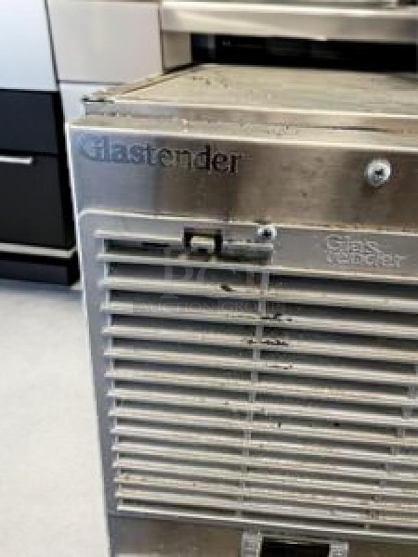 Glastender commercial back bar cooler in excellent condition, double glass door model, stainless steel with visible brand logo, 115V AC.