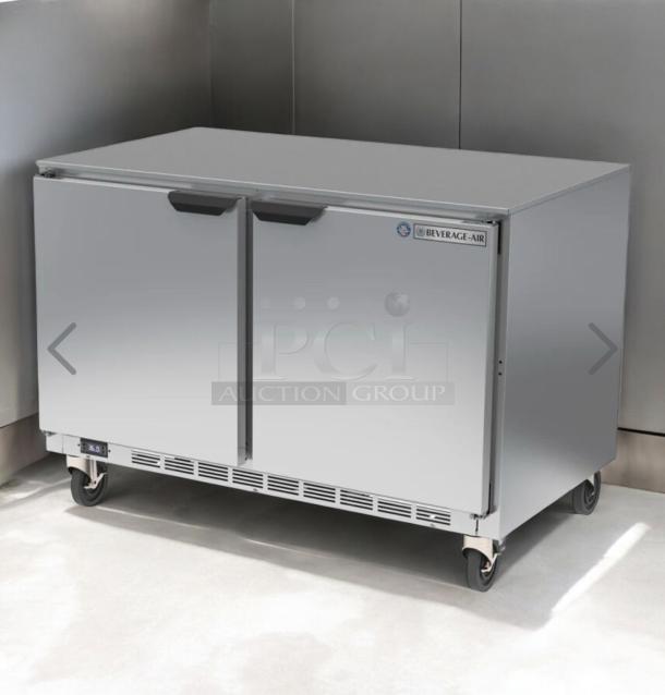 Beverage-Air 2-Door Undercounter Refrigerator, excellent condition, 115V AC, fully tested, stainless finish, casters included.