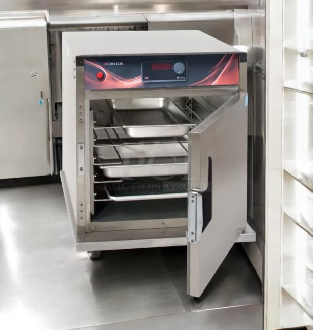 Cres Cor H137SUA5D warming cabinet, excellent condition, stainless steel, open door showing interior racks, 120V AC, fully tested.