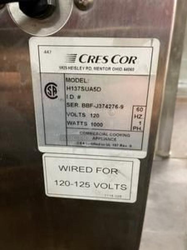 Cres Cor H137SUA5D warming cabinet in excellent condition, 120V AC, fully tested, CSA certified, 1000W commercial cooking appliance.