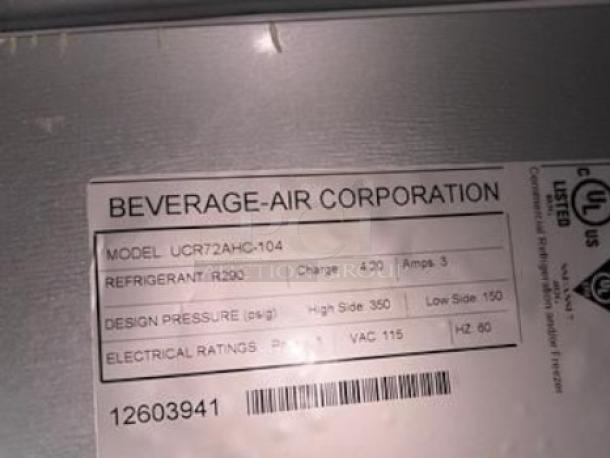 Beverage-Air UCR72AHC-104 undercounter refrigerator label showing model, refrigerant type, and electrical ratings.