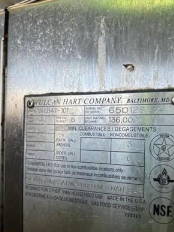 Vulcan VACB47 gas charbroiler label, showing model and serial number. Made by Vulcan Hart Company. NSF certified.