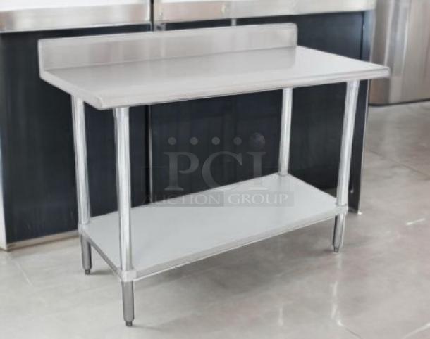 Brand new KLAG-304 stainless steel work table with backsplash, undershelf, 30" x 48", ideal for kitchens.