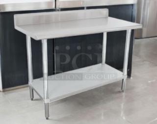 Brand new KLAG-304 stainless steel work table with backsplash, undershelf, 30" x 48", ideal for kitchens.