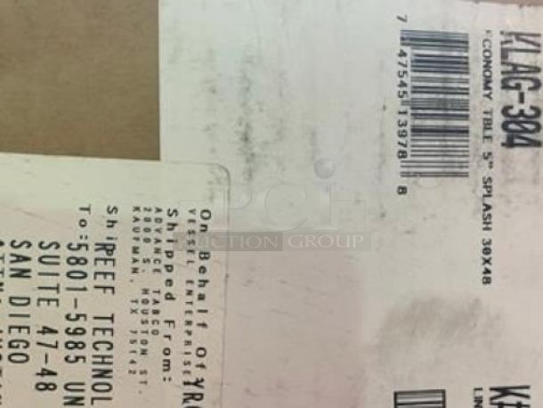 Brand new KLAG-304 stainless steel work table packaging, showing model and size 30" x 48".