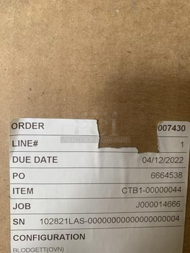 Label on box for Blodgett CTB single deck convection oven, due date 04/12/2022, PO 6664538, item CTB1-00000044.