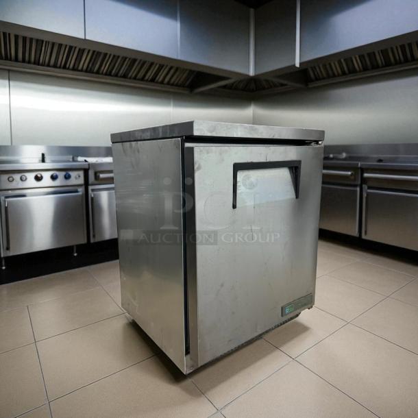 True TUC-24F-HC 24" undercounter freezer, 1 door, stainless steel, tested and working, slight surface wear visible.
