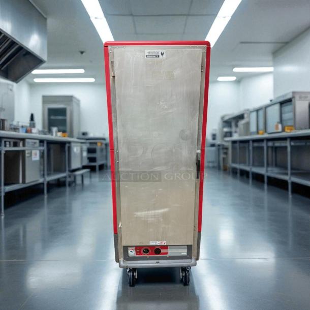 Metro C539-HFS-U C5 3 Series heated holding cabinet, solid door, red finish, tested, working, on wheels.