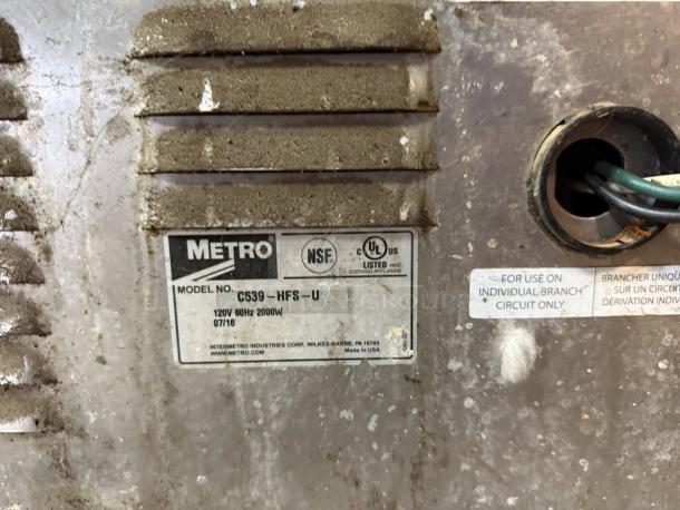 Metro C539-HFS-U heated holding cabinet, solid door, red, tested. Visible label with model and specs: 120V, 2000W.
