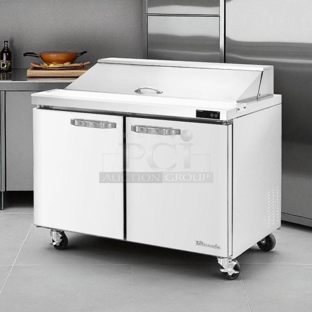 Blue Air 60″ Prep Table, model BLPT60. Great condition, tested, working. Features durable stainless steel, double doors, and casters.