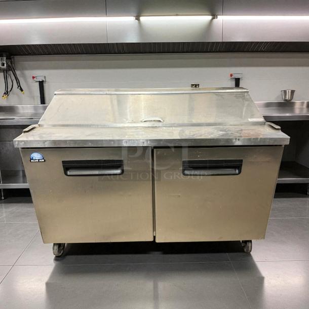 Blue Air 60" prep table, model BLPT60, stainless steel, great condition, tested and working, dual-door, casters for mobility.