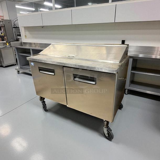 Great condition Blue Air 60" prep table, model BLPT60, stainless steel, tested and working, with casters and dual doors.