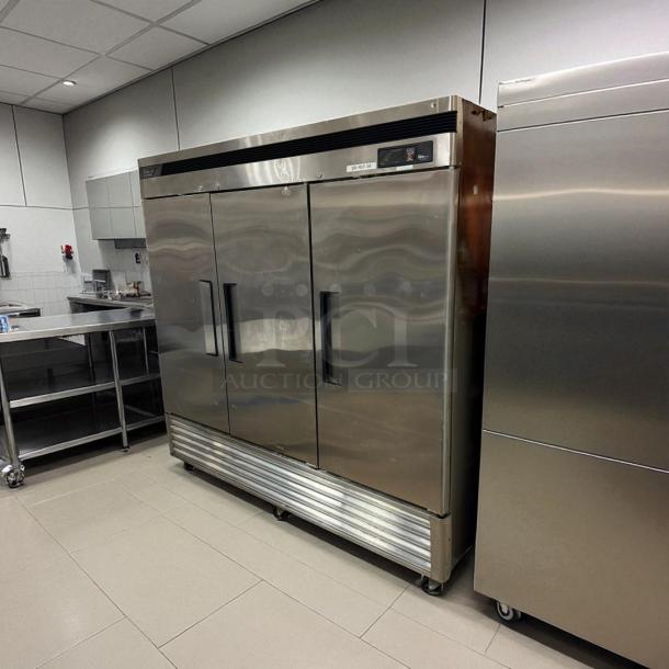 Turbo Air M3R72-3-N commercial refrigerator, 3 doors, 65.8 cu ft, tested and working, stainless steel finish.