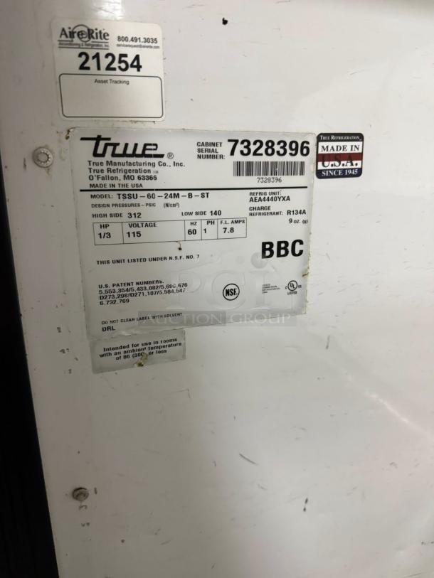 True TSSU-60-16-HC stainless sandwich salad prep cooler, 60in, 15.5 cu. ft., tested working. Labels indicate model and specs.