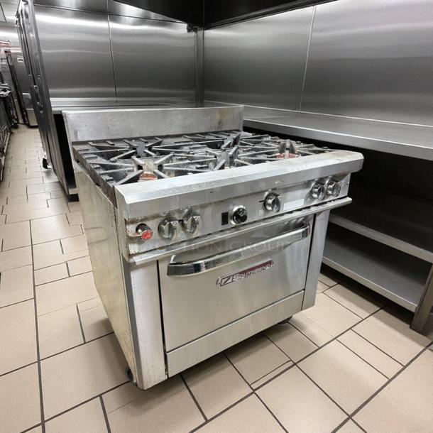 Southbend S36D 36" gas range with 6 burners, standard oven, in great condition. Tested and working, natural gas model.