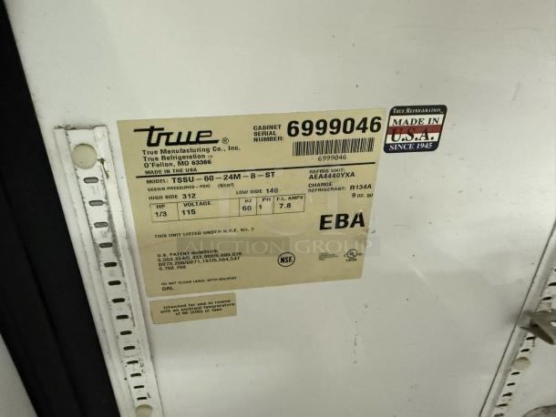 True TSSU-60-24M-B-ST label, showing model, voltage (115V), refrigerant (R134A), and "Made in USA" marking.