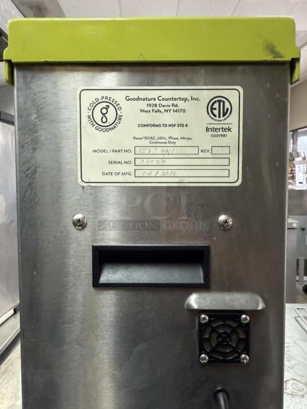 Goodnature CT7 Countertop Cold Press Juicer, excellent condition, 115V, fully tested. Visible label with model and serial details.