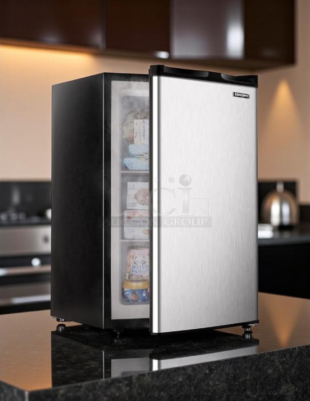 EUHOMY Compact Mini Freezer MF-3.0-Y, upright, excellent condition, rapid cooling, visible interior shelves, tested & working.