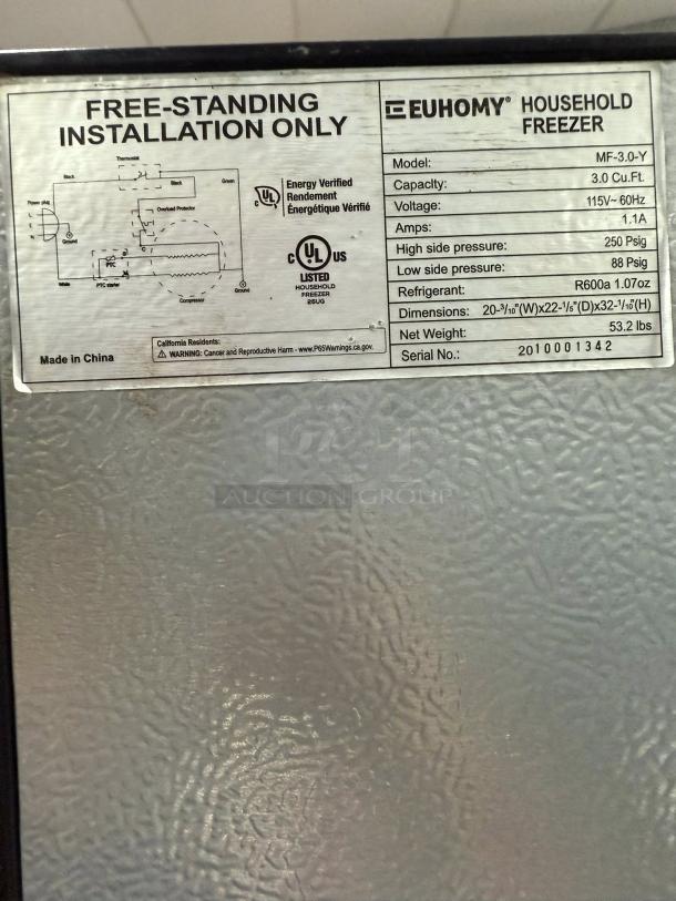EUHOMY Compact Mini Freezer, model MF-3.0-Y, excellent condition, 3.0 cu. ft., rapid cooling, UL listed, free-standing install.