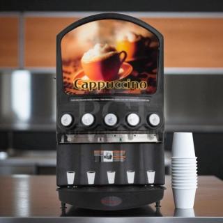 Grindmaster PIC5 hot chocolate/cappuccino dispenser, 5 flavor, tested working, (5) 5 lb hoppers, 120v, pictured with cups.