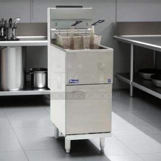 Pitco SG14-S stainless steel floor fryer, 40-50 lb. capacity, 110,000 BTU, natural gas, tested and working.