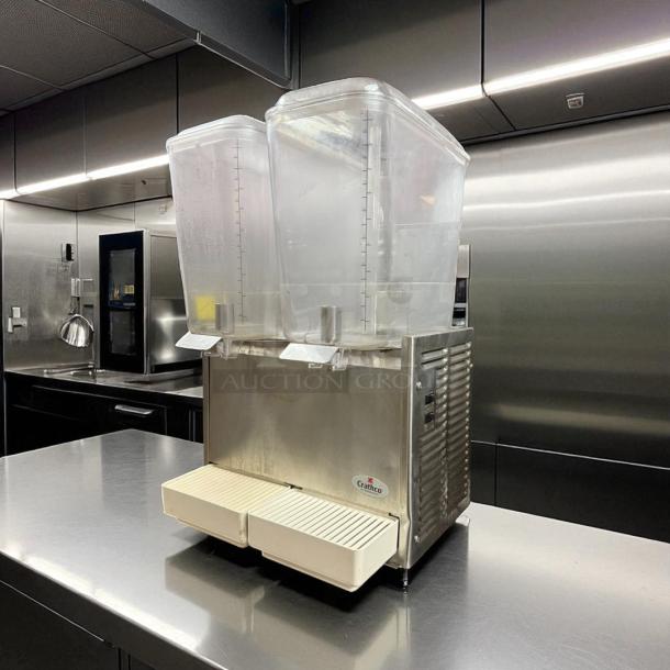 Crathco D25-3 beverage dispenser, excellent condition, dual 5-gallon bowls, stainless steel, fully tested, label visible.