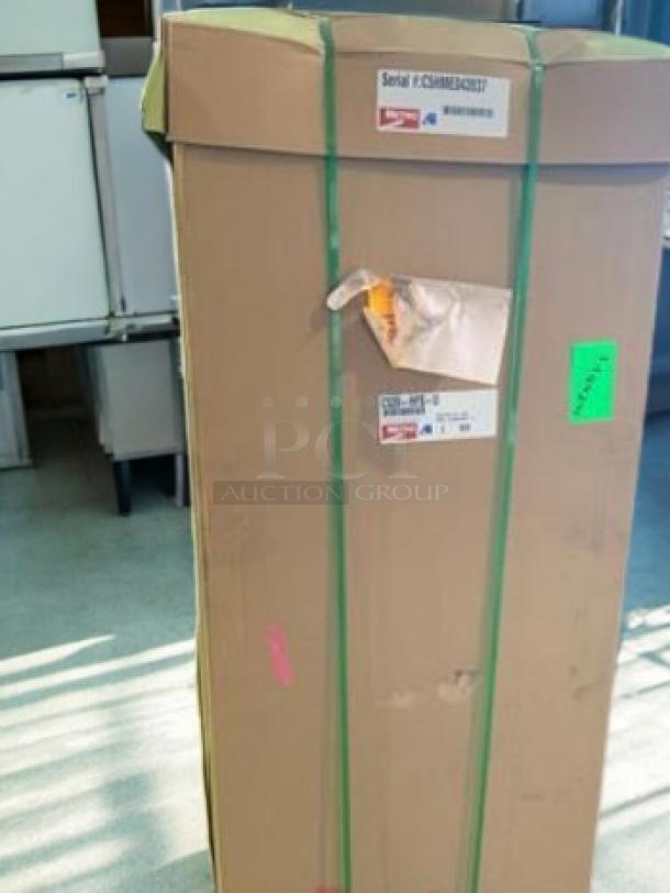 Brand new Metro C539-HFS-U heated holding cabinet in sealed box, tested, ready for use, 120V, visible serial and model labels.
