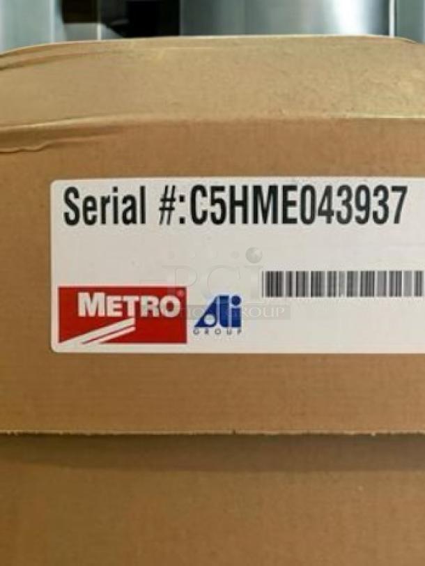 Alt text: Serial label on a Metro C539-HFS-U Full Height Heated Holding Cabinet box, showing Serial #: C5HME043937.