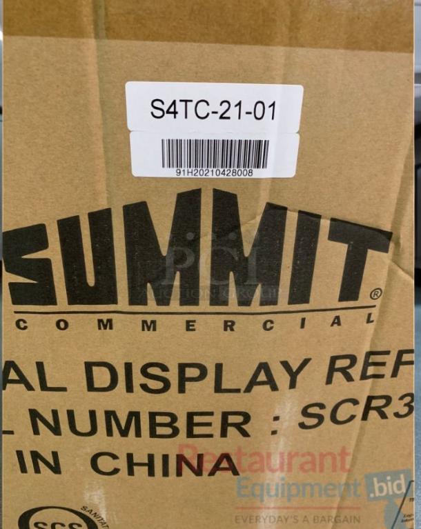 Brand new Summit SCR3502D commercial display refrigerator packaging showing model number and barcode.