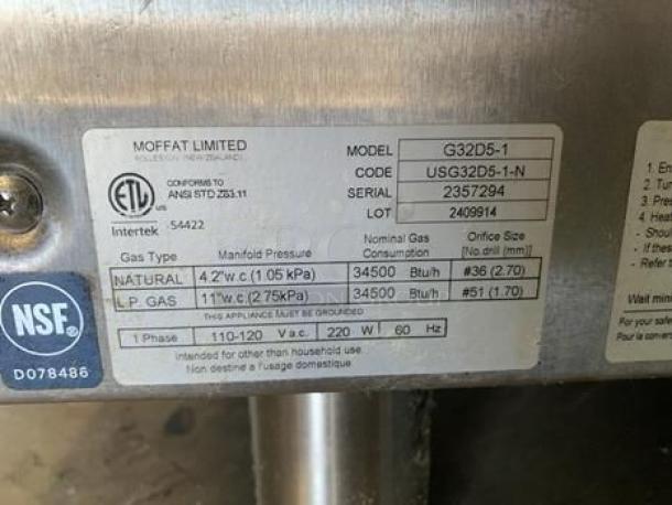Moffat Turbofan Convection Oven, Model G32D5-1, excellent condition, natural/LP gas, fully tested, serial 2357294, NSF certified.