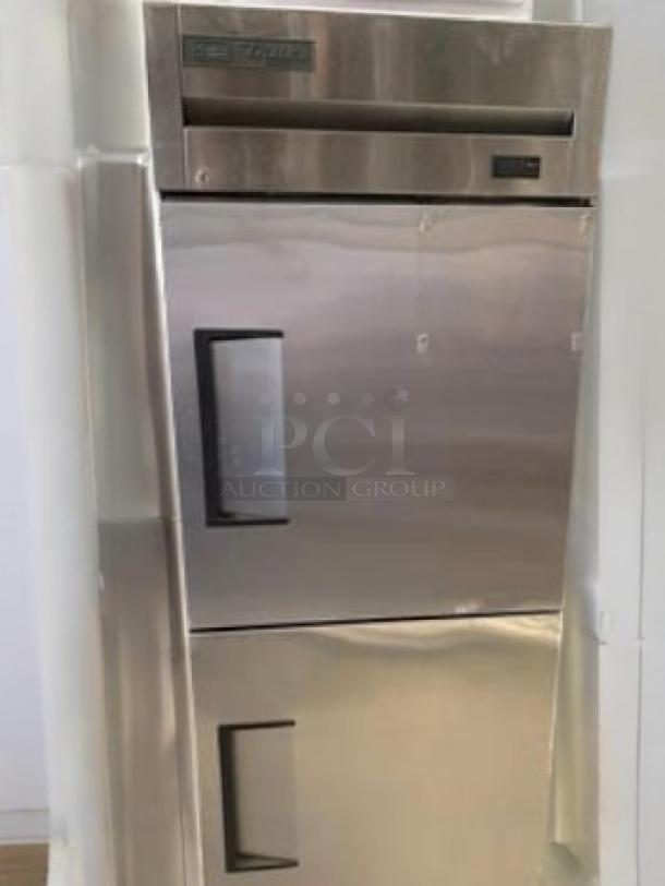 True T-23F-HC single door reach-in freezer, stainless steel, half-door design, excellent condition, tested and working.