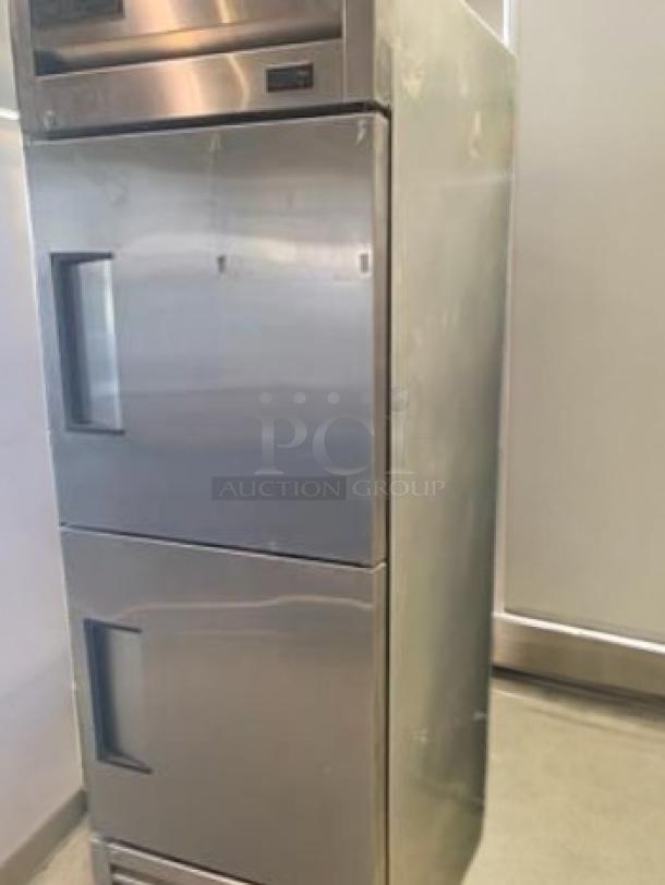True T-23F-HC Single Door Reach-In Freezer with half doors, excellent condition, stainless steel, fully tested, 115V.