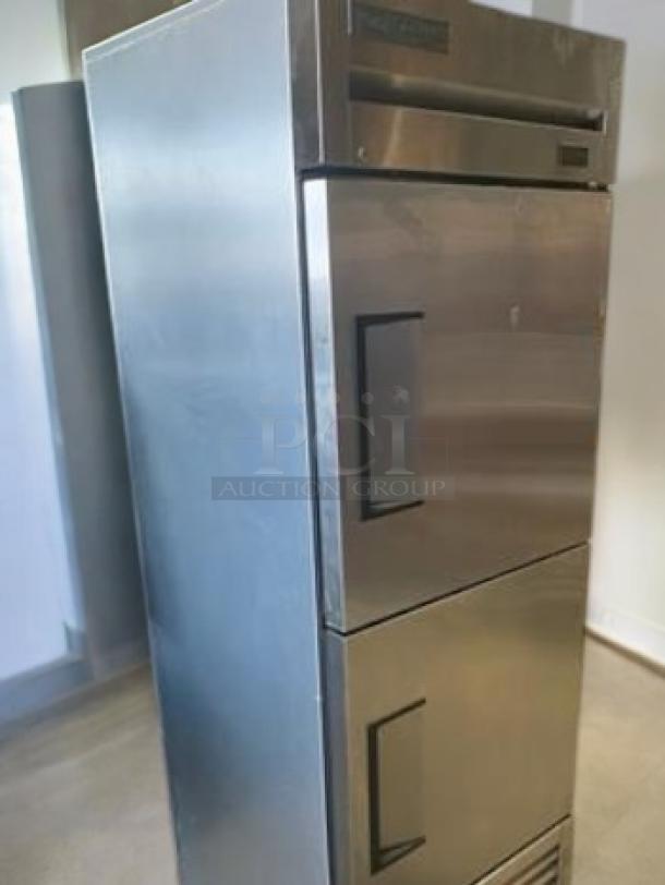 True T-23F-HC single door reach-in freezer with half-doors, excellent condition, 115V, fully tested, stainless steel finish.
