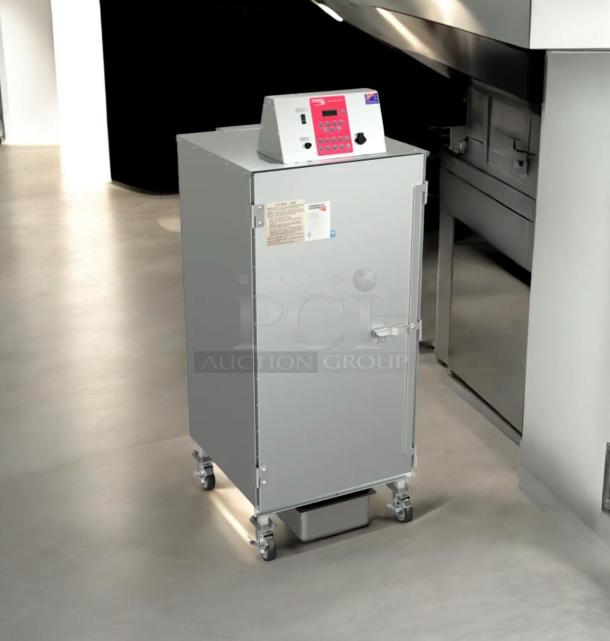 Cookshack SM260 commercial electric smoker, IQ5 system, 240V, good condition, fully tested, on casters for mobility.