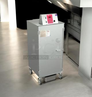 Cookshack SM260 commercial electric smoker, IQ5 system, 240V, good condition, fully tested, on casters for mobility.