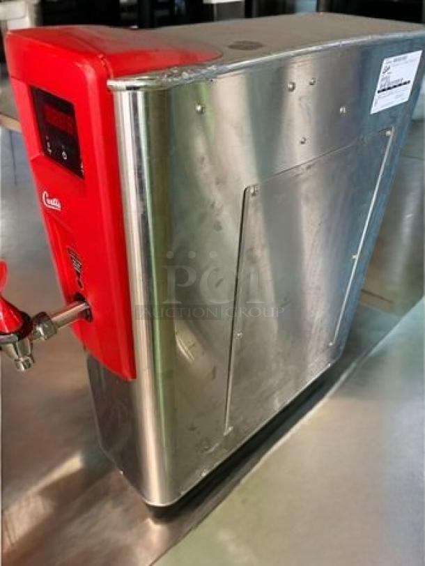 Wilbur Curtis WB5N 5-Gallon Electric Hot Water Dispenser in excellent condition; stainless steel with red accents.