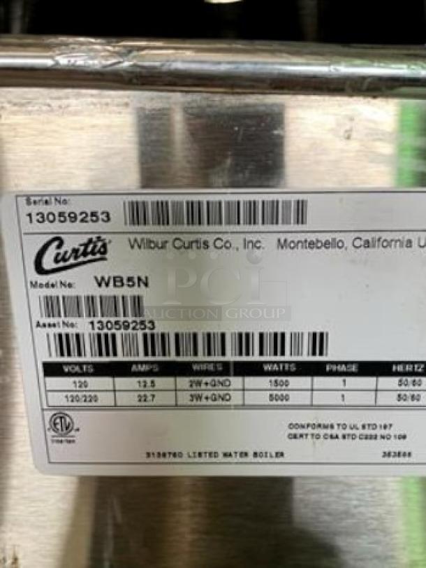 Wilbur Curtis WB5N 5-gallon electric hot water dispenser in excellent condition, 120/220V, serial 13059253, fully tested.