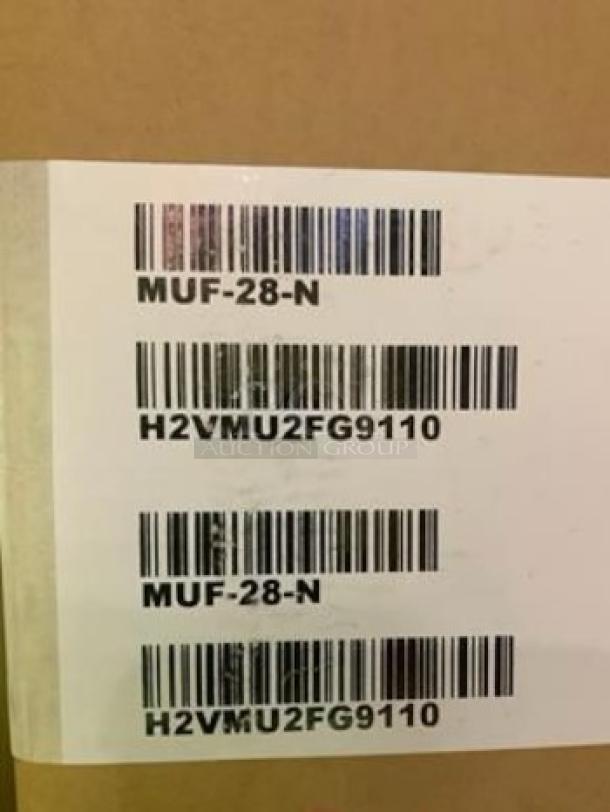 Label with barcodes for Turbo Air MUF-28-N 28” Undercounter Freezer, indicating model and serial number.