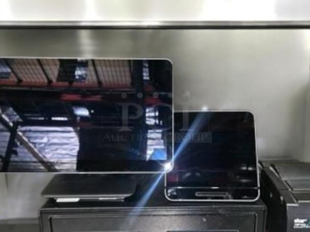 Complete POS system with touchscreen terminal, black cash drawer, and Star Micronics TSP100 series thermal receipt printer. Excellent condition.