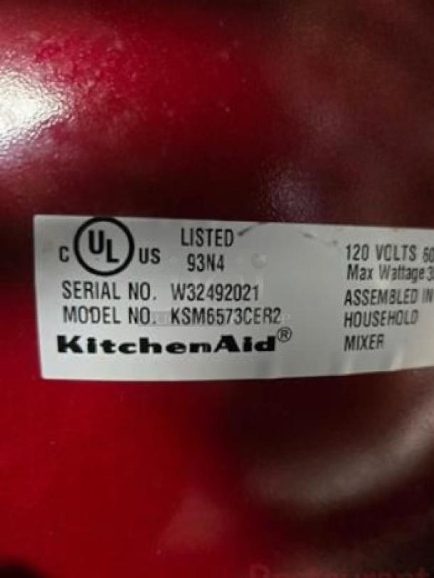 KitchenAid Professional 6000 HD mixer label, Model KSM6573CER2, UL listed, 120V, assembled in USA, excellent condition.
