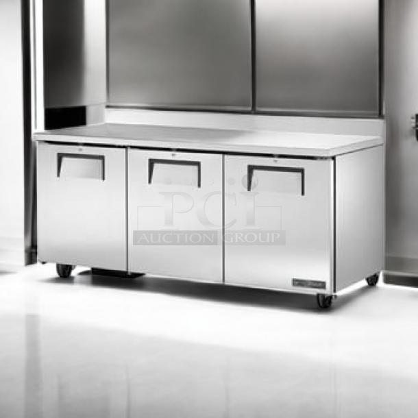 Brand New True TWT-72-HC, 72” three-door worktop refrigerator with backsplash, stainless steel, fully tested, 115V.