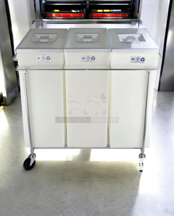 Faribo Ingredient 3-Bin Cart with sliding covers, stainless steel frame, and casters. Good condition, fully tested.